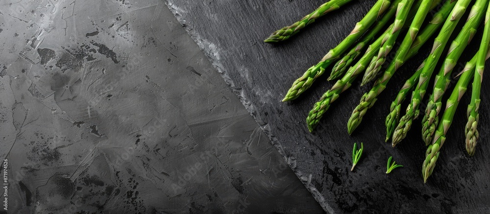 Aufkleber fresh asparagus displayed on a black slate with ample copy space image.