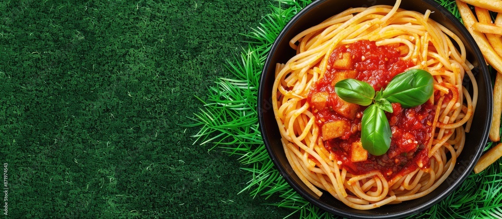 Aufkleber An image showing spaghetti with pork tomato sauce and French fries on a pan placed on artificial grass, ideal as a menu background with space for text.