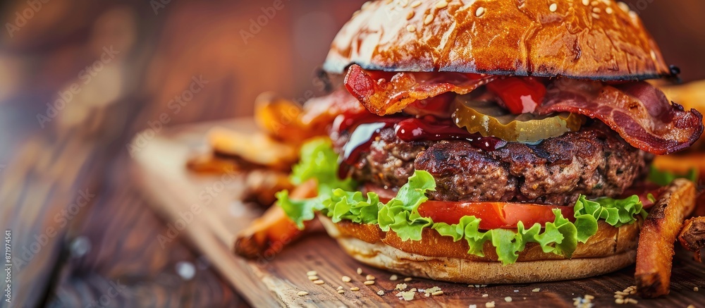 Poster Close-up of a delicious burger topped with bacon on a rustic wooden board, with a designated area for text in the image.