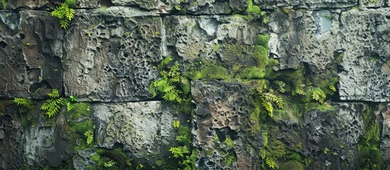 A weathered stone wall with natural textures and moss growing on it.