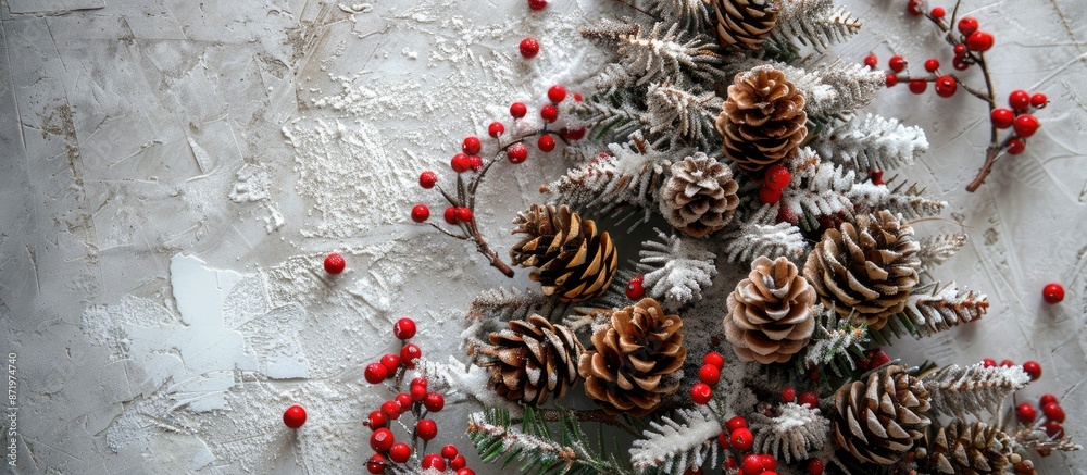 Aufkleber top-down view of a christmas tree made of twigs, adorned with brown pine cones, red berries, and sno