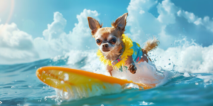 Perro chihuahua surfeando olas en el mar 