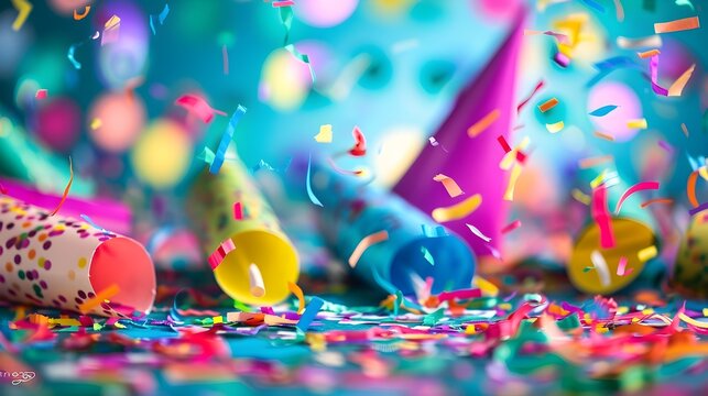 Vibrant and Lively Birthday Party with Colorful Confetti and Poppers