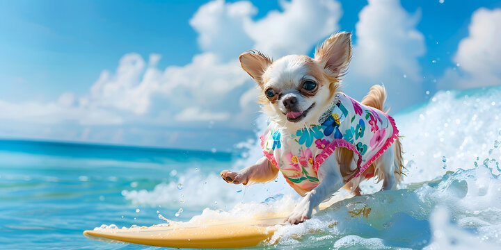Imagen de un perro chihuahua blanco de vacaciones surfeando en el mar 