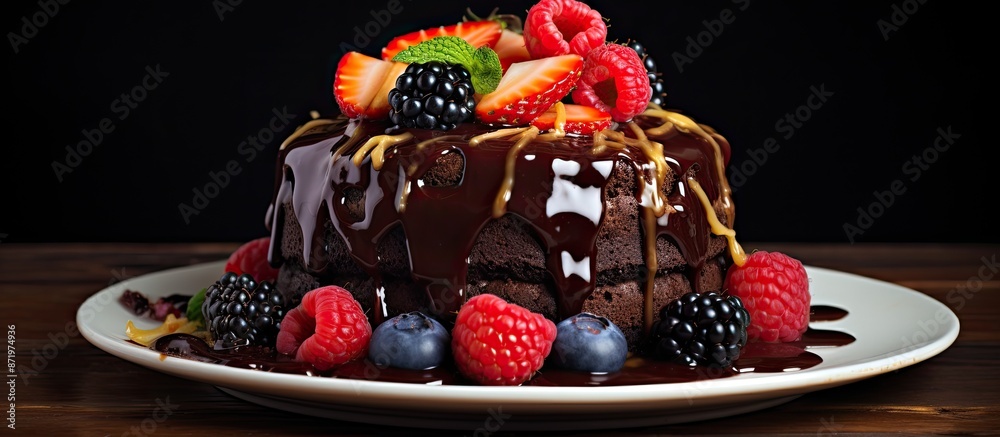 Poster a decadent chocolate stout cake topped with caramel sauce and fresh fruits, perfect for displaying i