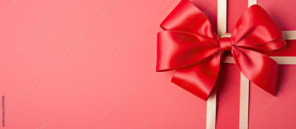 Poster a red rolled ribbon with a bow isolated on colorful background, seen from above. flat lay style with