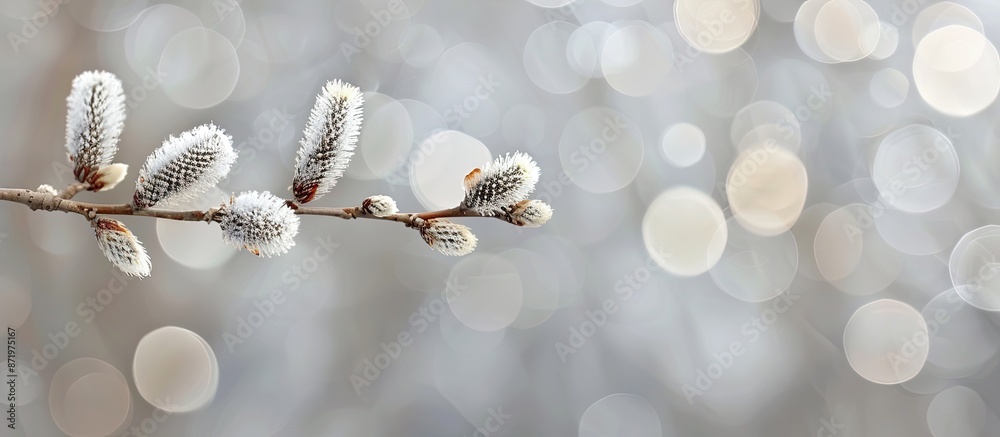 Poster goat willow catkins bloom with copy space image against a blurred grey background.