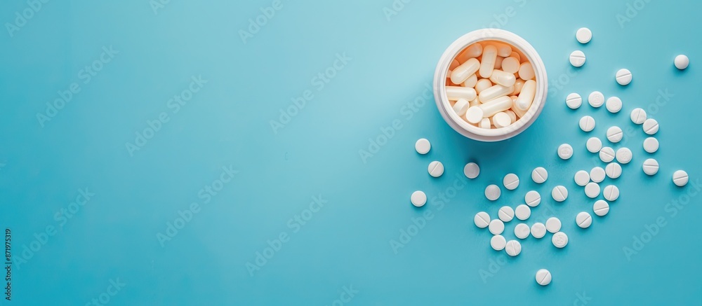 Aufkleber Flat lay top view of a spilled circle pill container on a blue background, focusing on the pills with an isolated setting for medical themes with copy space image.
