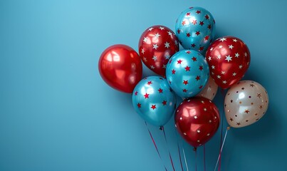 Fototapeta premium us independence day concept top view foil balloon in american flag colors, decorations on blue background.stock image