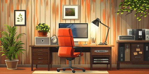 Illustration of a Home Office with a Wooden Desk and a Red Chair