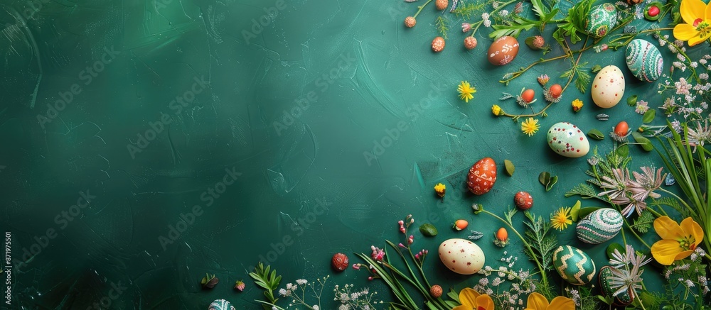 Aufkleber Top view of a green background adorned with spring flowers and Easter eggs, creating an Easter-themed copy space image.