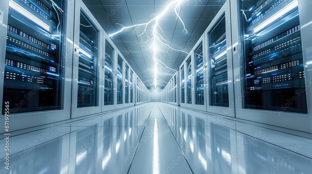 Aufkleber data center, white lightning. generative ai.