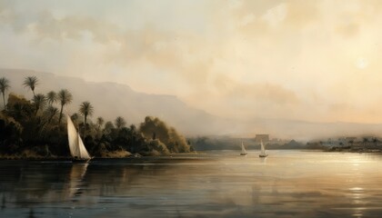 Serene river landscape with sailboats, palm trees, distant mountains, and a warm golden sunset creating a tranquil and picturesque scene.