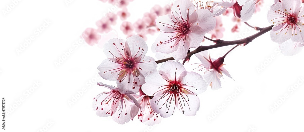 Sticker A cherry blossom is seen against a white backdrop with copy space image, symbolizing the arrival of spring.