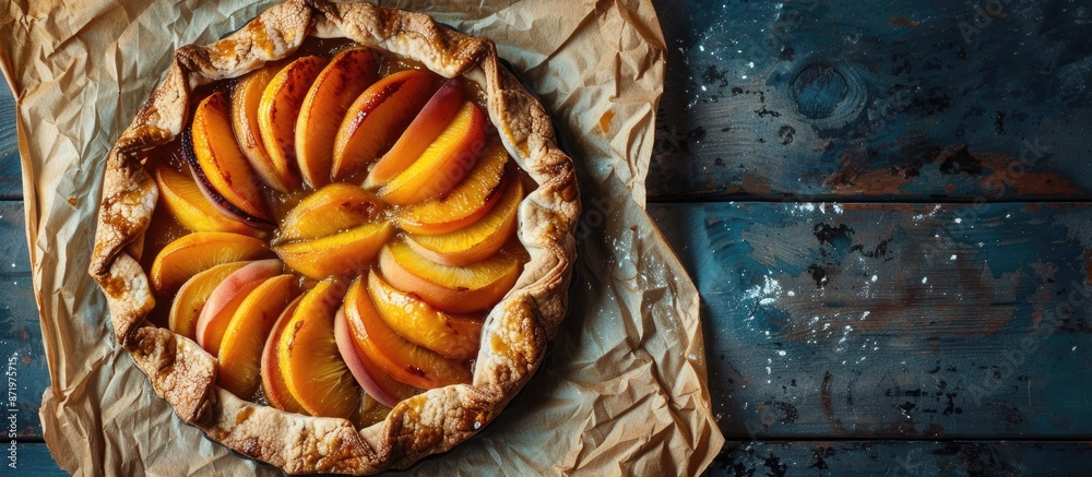 Poster Light background with a raw peach galette on parchment, providing ample copy space image.
