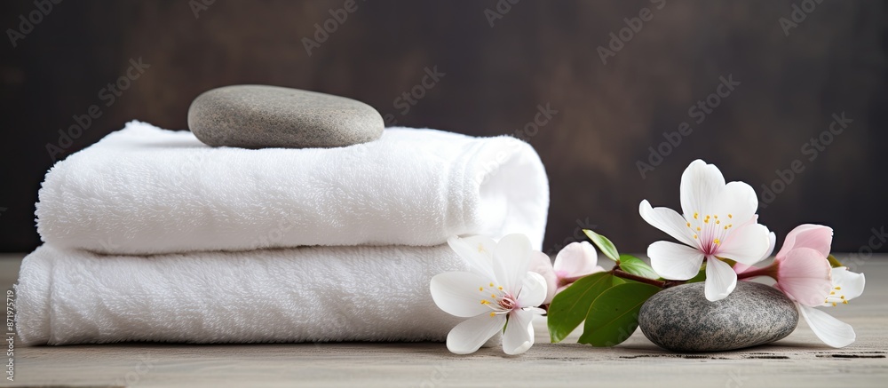 Poster towel background with spa stones and spring flowers, perfect for a copy space image.