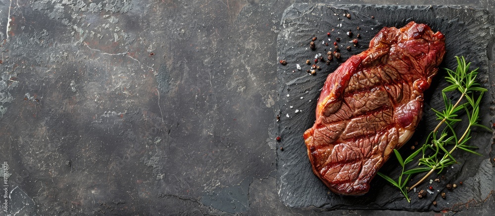 Poster Freshly dry-aged Club Steak displayed on a grey stone background with ample space for text next to it.