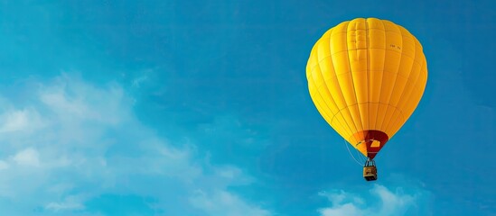 Obraz premium Ascending yellow hot air balloon against a blue sky backdrop with copy space image.