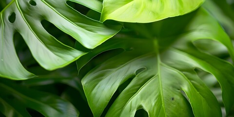 Detailed closeup of monstera leaves with distinct geometric patterns and tropical vibe. Concept Monstera Leaves, Closeup Photography, Geometric Patterns, Tropical Vibes