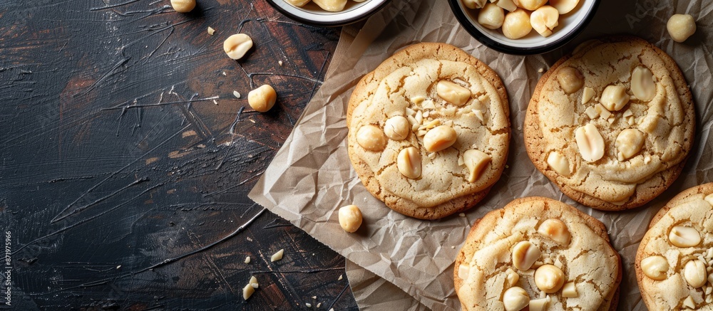 Poster an aerial shot of white chocolate macadamia nut cookies with a copy space image.