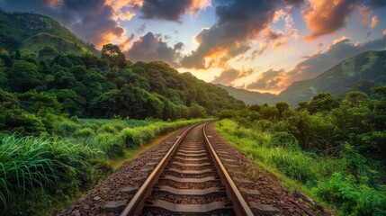 Fototapeta premium Beautiful landscape of railroad tracks running through a picturesque green forest, showcasing the harmony between man-made infrastructure and nature