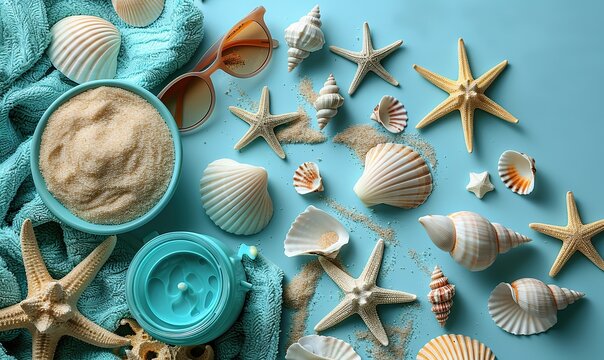 summer vacation essentials flat lay beach holiday items including sunscreen seashells starfish stylish sunglasses childrens green sand bucket, tools, a cozy towel on a blue backgound.stock image