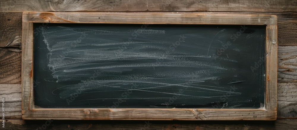 Poster black chalkboard on a wooden table with copy space image.