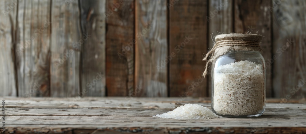 Poster Rice grains displayed in a glass jar, set against a rustic wooden backdrop with ample white space for text or images--a versatile copy space image.