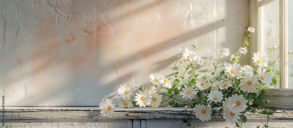 Aufkleber A bunch of daisies and bindweed displayed on a vintage windowsill with copy space image.