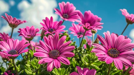 Fototapeta premium Pink daisies bloom under a clear blue sky on a sunny day, creating a colorful and lively scene.