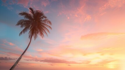 Obraz premium Serene sunset over tropical beach with palm tree silhouetted against vibrant and colorful sky. Perfect for travel and nature themes.