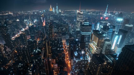 Fototapeta premium a stunning view over New York city at night, with fast forward time so the lights from cars can be seen in hyper realistic 8k resolution 