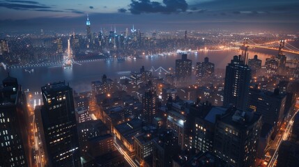 Obraz premium a stunning view over New York city at night, with fast forward time so the lights from cars can be seen in hyper realistic 8k resolution 