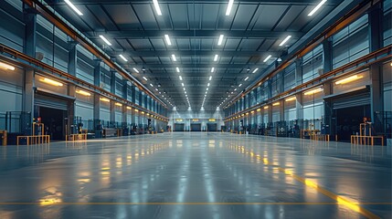 Modern warehouse with large machines and lighting in the main floor. Generative AI.