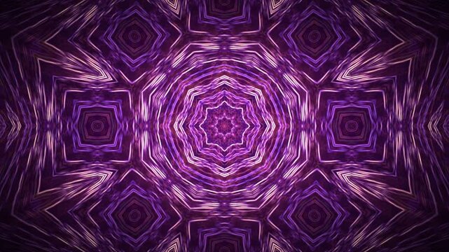 Purple kaleidoscope animation with intricate psychedelic patterns in a shape of morphing circles and squares with soft light effect. Abstract hypnotic background with fractal visual forms. 4K 30fps