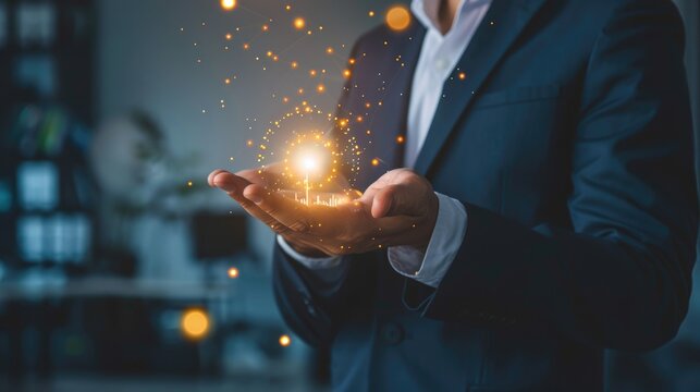 Business executive presenting a year goal icon in hand, emphasizing digital marketing and finance development strategies