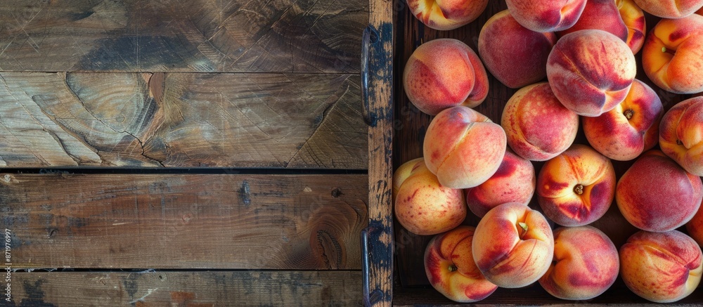 Poster ripe organic peaches piled on a wooden tray background with top view and close-up shot, emphasizing 