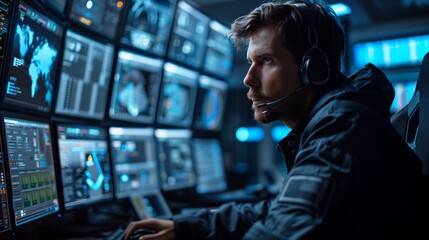 A man wearing a headset sits in front of multiple computer monitors displaying data. The room is dark, with only the blue light of the screens illuminating the scene.