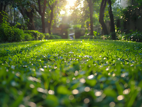 in the morning, close to the lawn parallel to the ground perspective