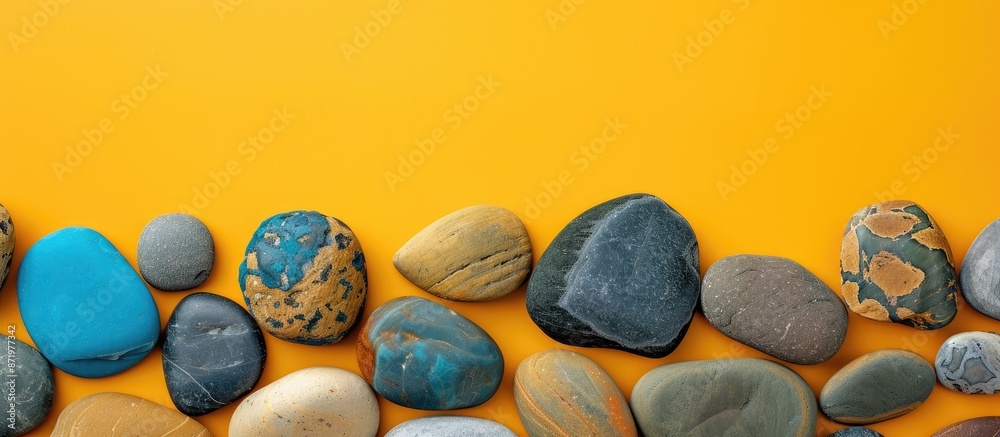 Poster minimalist composition of stones on a yellow background for product display, perfect for adding copy