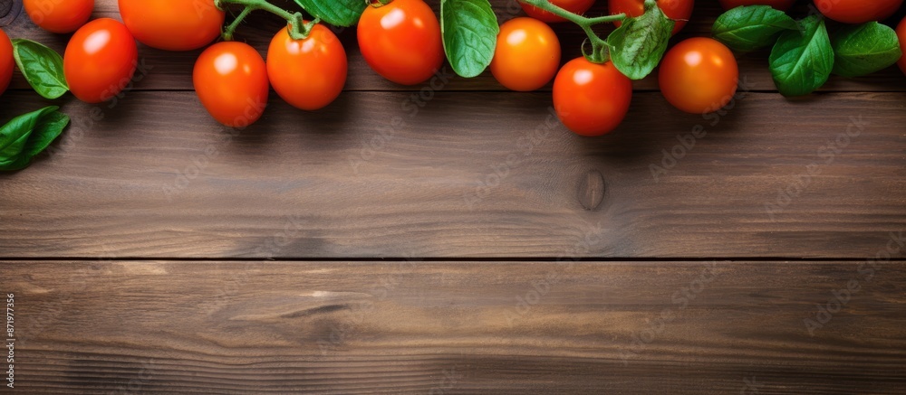 Poster wooden table background with orange tomatoes as a copy space image.
