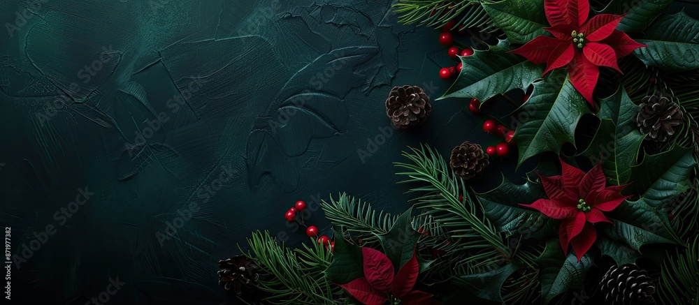 Poster Holiday-themed arrangement on a dark abstract backdrop featuring a top-down view and ample space for text or images.