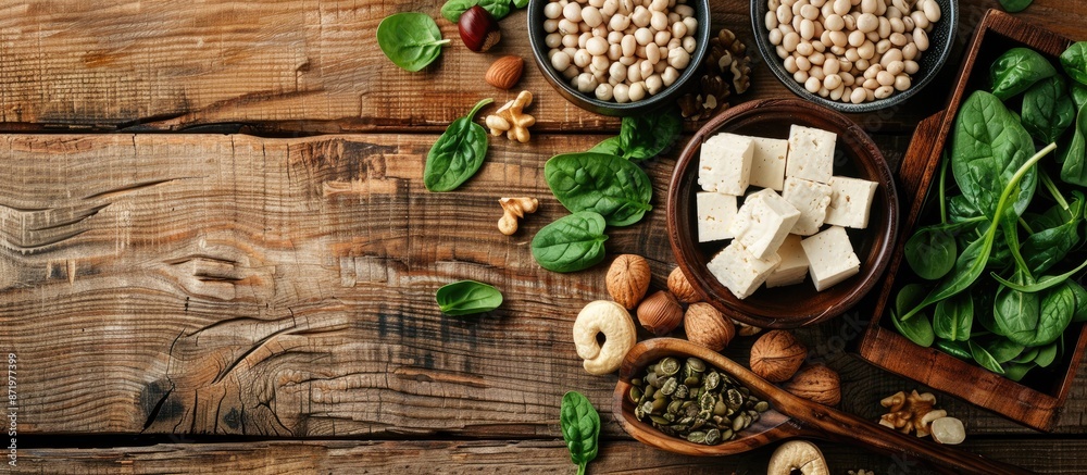 Aufkleber varieties of plant-based protein sources like tofu, beans, nuts, and spinach are commonly found in v