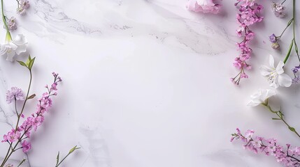 Pink and white flowers of different types are arranged on a white marble surface, leaving a space in the center