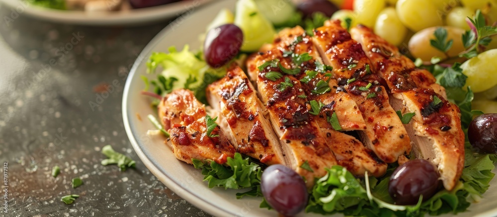 Poster plate with a delicious chicken salad, accompanied by juicy grapes, set on a table with a copy space 