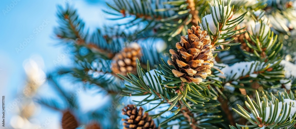 Poster Spruce branches with needles and cones on a clear blue winter sky, highlighting numerous cones. A fir tree stands out in the background, ideal for a copy space image.