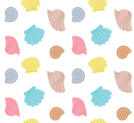 Seamless pattern with cute sea shells. Vector colorful background in flat style