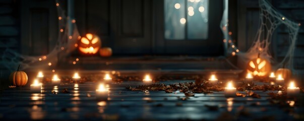 Obraz premium Spooky Halloween scene with glowing pumpkins, candles, and spider webs decorating a dimly lit porch at night.