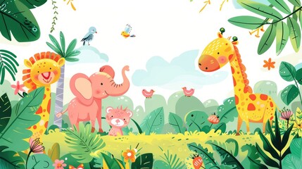 Charming hand-drawn cartoon background featuring cute animals and a colorful landscape, ideal for children's content