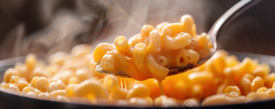 Steaming hot macaroni and cheese being served from a pot, showcasing creamy pasta and delicious comfort food.